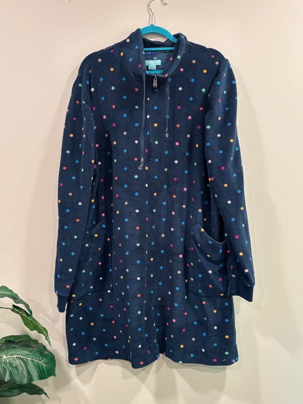 Lug "Via" Navy Polka Dot Fleece Popover Tunic/Robe 1/4 Zip, Mock-neck, Pockets